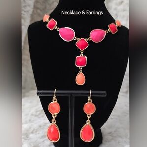 Vibrant Pink and Orange Geometric Necklace & Earrings